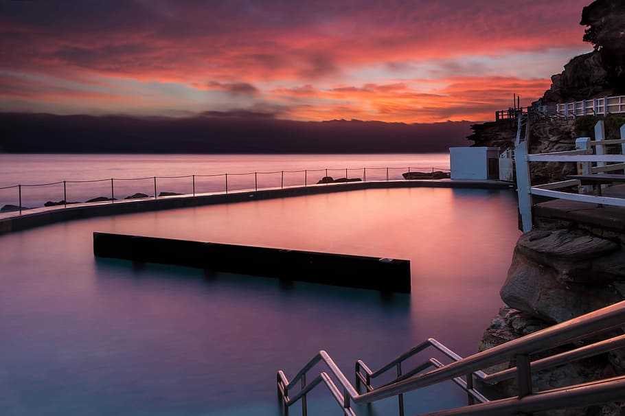 grigio, corrimano in metallo, accanto, corpo, acqua, piscina, nebbia, Alba, tramonto, crepuscolo, nube, cielo, riflessione, Australium, sydney, oceano, liscio, lunga esposizione, piscina naturale, spiaggia, bronte, nuvola - cielo, architettura, la tranquillità, scenics - natura, mare, scena tranquilla, bellezza nella natura, natura, nessuno, ringhiera, struttura costruita, destinazioni di viaggio, idilliaco, cielo drammatico, 5K