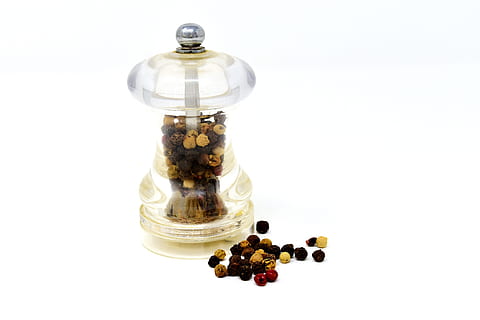 pepper, pepper mill, grind, ground, spices, grains, season, pepper ground, pfefferkorn, spice mill, colorful, sharp, colorful pepper, bottle, white background, container, studio shot, medicine, indoors, cut out, glass - material, healthcare and medicine, no people, food and drink, food, wellbeing, large group of objects, still life, pill, transparent, perfume, healthy lifestyle, therapy, perfume sprayer, pawn - chess piece, 5K, CC0, public domain, royalty free