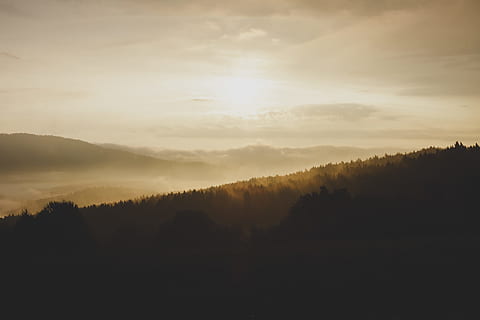 mountains, trees, senset, gray, sky, tall, sunrise, daytime, cloud, forest, sunset, nature, landscape, scenics, outdoors, cloud - Sky, dusk, tree, cloudscape, beauty In Nature, tranquil Scene, morning, dawn, tranquility, scenics - nature, environment, fog, no people, plant, silhouette, sun, non-urban scene, mountain, land, woodland, 2K, CC0, public domain, royalty free