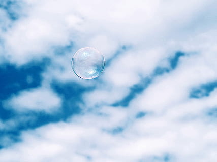 bubble, white, clouds, daytime, flying, sky, cloud, blue, reflection, round, circle, cloud - sky, nature, no people, mid-air, soap sud, outdoors, fragility, vulnerability, beauty in nature, water, simplicity, day, environment, close-up, backgrounds, purity, abstract backgrounds, 1080P, CC0, public domain, royalty free