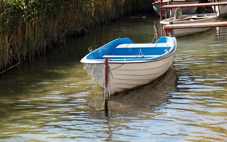 barca de rems, vaixell, punts, ancorat, lligat, vaixell nàutic, transport, aigua, amarrat, mode de transport, a l'aire lliure, manera de transport, dia, naturalesa, reflexió, cap gent, llac, davant del mar, tranquil·litat, blau, planta, material de fusta, viatjar, escena tranquil·la, 2K