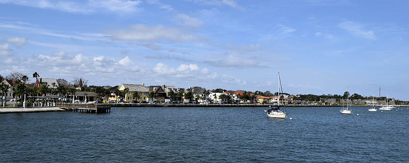St Augustine, Florida, Florida, River, River Front, View, st augustine, florida, panoramic, historic, city, oldest city, usa, tourism, tourist sites, vacation, landscape, scenic, travel, tourist, nature, heritage, outdoor, water, sky, famous, landmark, trip, place, sea, harbor, travel Locations, nautical Vessel, waterfront, day, no people, architecture, building exterior, built structure, transportation, cloud - sky, building, mode of transportation, travel destinations, sailboat, cityscape, outdoors, yacht, 5K, CC0, public domain, royalty free