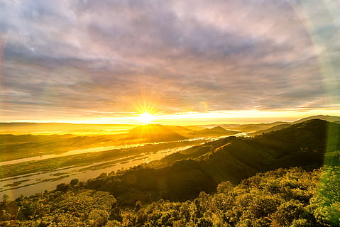 green, trees photo, sunset, clouds, dawn, environment, forest, landscape, mountains, nature, outdoors, reflections, river, rural, scenic, sky, sun, sunrays, sunrise, trees, water, scenics - nature, cloud - sky, beauty in nature, tranquility, tranquil scene, sunlight, sunbeam, idyllic, dramatic sky, no people, tree, mountain, non-urban scene, lens flare, bright, 5K, CC0, public domain, royalty free