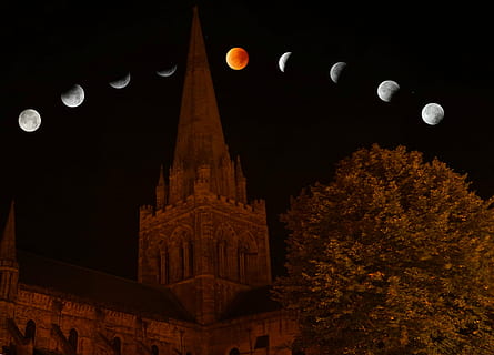 hormigón, castillo, completo, ciclo, Luna, Eclipse lunar, lunar, eclipse, noche, astronomía, cielo, oscuro, 2015, Chichester, catedral, arquitectura, lugar famoso, iluminado, exterior del edificio, Luna llena, naturaleza, estructura construida, nadie, espacio, árbol, luz de la luna, edificio, al aire libre, religión, destinos de viaje, lugar de adoración, aguja, astrología, 4K, CC0, dominio público, libre de derechos