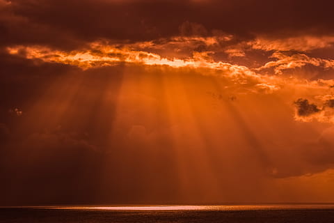 sinar krepuskular, keemasan, jam, matahari terbenam, senja, langit, awan, alam, cahaya, sinar matahari, laut, horison, sore, mendung, bersinar, surga, air, awan - langit, langit yang dramatis, badai, scenics - alam, keindahan di alam, hujan badai, lingkungan Hidup, cakrawala kota, tidak ada orang, gelap, cakrawala di atas air, matahari, di luar rumah, hujan, 5K, CC0, domain publik, bebas royalti