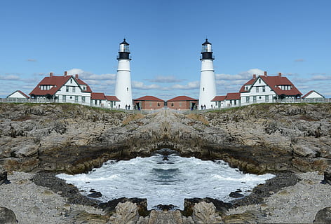 mirror image, lighthouse, effect, landscape, effects, mirror, split, image, artistic, sea, water, oddity, reflection, sky, blue, clouds, reflections, distortion, mirroring, manipulation, special effects, whimsical, fun, whimsy, built structure, architecture, building exterior, day, nature, no people, solid, rock, tower, rock - object, building, motion, outdoors, waterfront, flowing water, 4K, CC0, public domain, royalty free