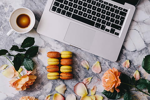 overhead, view, macarons, marble slab, Overhead view, marble, slab, roses, workspace, workplace, computer, yellow, macbook, desk, laptop, sweet, cookie, candy, above, colorfull, orange, dessert, petals, flat, macaron, marble table, macaroon, french macaroons, marble backgound, rose petals, technology, table, business, internet, computer Keyboard, coffee - Drink, food, wireless technology, no people, food and drink, communication, keyboard, connection, high angle view, computer equipment, freshness, indoors, nature, plant part, leaf, directly above, 5K