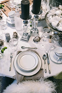 restaurant dinner table, decorated, quail eggs, feathers, Fancy, restaurant, dinner, table, white, elegant, eggs, decoration, opulent, posh, quail, silverware, plate, napkin, crockery, dining, tablecloth, celebration, elegance, place Setting, arrangement, luxury, banquet, event, arranging, decor, no People, table Knife, wineglass, wedding, drinking Glass, high angle view, neat, household equipment, indoors, setting, glass, eating utensil, kitchen utensil, dining table, absence, white color, food and drink, 4K