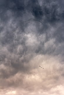 silhuet, fire, fly, flyvende, skyer, fugle, grå, hvid, overskyet, himmel, dagtimerne, Sky, at vise, luft show, formation, tur, kurve, storm, baggrund, tapet, lys, mørk, Jet, overskyet himmel, sky - himmel, fugl, dyre temaer, dyr, hvirveldyr, dyreliv, dyr i naturen, natur, lav vinkel visning, et dyr, Midt i luften, skønhed i naturen, ingen mennesker, storm sky, scenics - natur, frihed, 4K, CC0, offentligt domæne, royaltyfrie