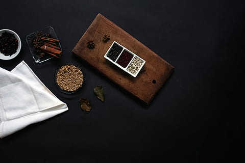 exotic spices, Exotic, spices, cinnamon, dark, spice, star anise, wood - Material, table, black background, studio shot, no people, indoors, close-up, day, food and drink, still life, food, ingredient, high angle view, freshness, copy space, preparation, directly above, herb, bowl, container, spoon, matchstick, 4K