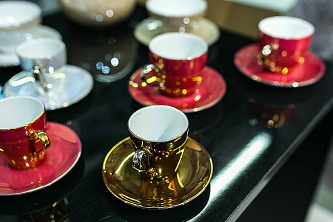 fancy, tea cups, Collection, cups, tea, cup, elegant, design, drink, restaurant, high angle view, music, close-up, indoors, no people, musical instrument, food and drink, table, refreshment, saucer, still life, focus on foreground, mug, hot drink, tea - hot drink, crockery, selective focus, red, tea cup, tray, setting, 2K, CC0, public domain, royalty free