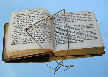 book, open, read, old, glasses, bound, reflection, reading glasses, publication, no people, text, paper, communication, close-up, still life, musical note, leaf, plant part, page, western script, indoors, nature, sheet music, spirituality, high angle view, blue, 2K, CC0, public domain, royalty free