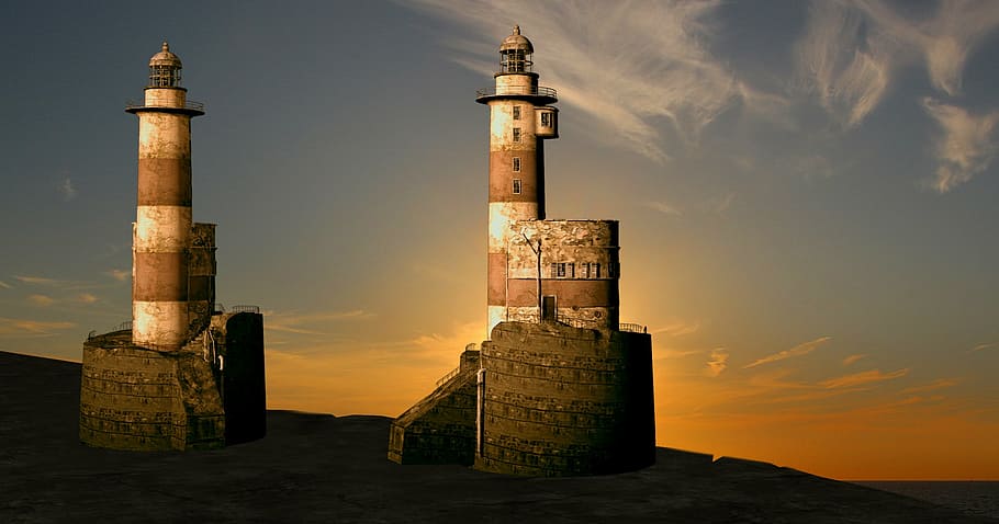 castello di cemento marrone, faro, sera, tramonto, riflusso, mare, fari, costa, silhouette, torri, ombra, Torre, 3d, Modello 3d, computer grafica, Visualizzazione 3d, interpretazione, cielo, architettura, struttura costruita, storia, nessuno, vecchia rovina, nuvola - cielo, antico, natura, il passato, acqua, destinazioni di viaggio, esterno dell'edificio, costruzione, terra, colonna architettonica, scenics - natura, all'aperto, 2K