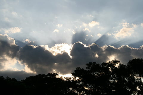 sol, brillant, núvols foscos, raigs de llum, vora lleuger, eixos lleugers, vores de plata, arbres, cel, naturalesa, temps, posta de sol, a l'aire lliure, estiu, fons, núvol - cel, arbre, bellesa a la natura, planta, vista d’angle baix, cap gent, escenics - natura, tranquil·litat, llum solar, escena tranquil·la, raig de sol, silueta, dia, cloudscape, idíl·lic, cel dramàtic, arbre d’arbre, ominós, meteorologia, 4K, CC0, domini públic, lliure de regalies