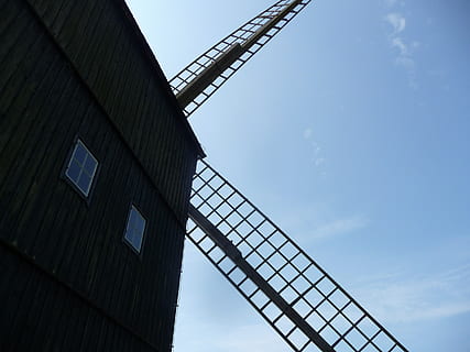 windmill, building, mill, wing, historically, sky, old mill, architecture, agriculture, museum, built structure, low angle view, building exterior, no people, day, nature, outdoors, modern, city, window, business, industry, sunlight, clear sky, office building exterior, glass - material, 2K, CC0, public domain, royalty free