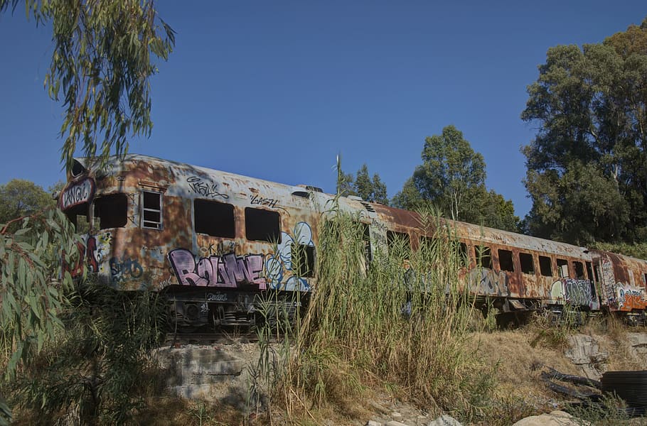 tren, vell, vagó, paisatge, vell, vagó, transport, vies del ferrocarril, abandonat, llocs de viatges, cap gent, arbre, tren - vehicle, cel, obsoleta, planta, manera de transport, espatllat, aixafar, deteriorament, transport per ferrocarril, declivi, naturalesa, arquitectura, dia, cel clar, mal estat, arruïnat, a l'aire lliure, 4K