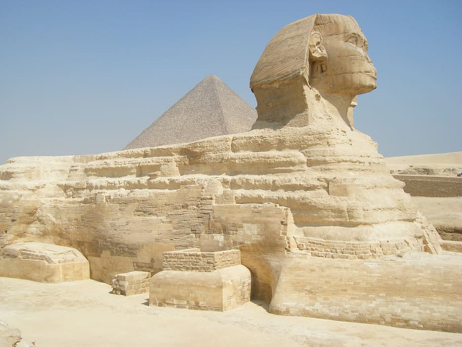 piràmide, esfinx, Egipte, història, antic, civilització antiga, antiga ruïna, religió, el passat, arquitectura, destinacions de viatge, cel, viatjar, escultura, estructura construïda, art i artesania, cap gent, turisme, representació humana, naturalesa, representació, semblança masculina, a l'aire lliure, arqueologia, història antiga, lloc de culte, 2K