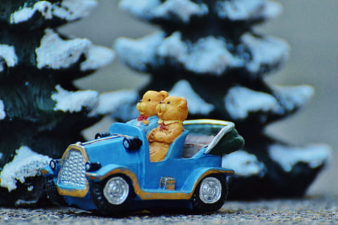 Bär, Bären, Auto, Paar, Weihnachten, Süss, süß, lustig, Spaß, Spielzeug, Kraftfahrzeug, Transportmittel, Transport, Landfahrzeug, Spielzeugauto, Darstellung, Kindheit, Fokus auf den Vordergrund, Tierdarstellung, Nahansicht, Figur, selektiver Fokus, Stillleben, Säugetier, Natur, Tier, Tag, klein, 1080P, CC0, gemeinfrei, lizenzfrei