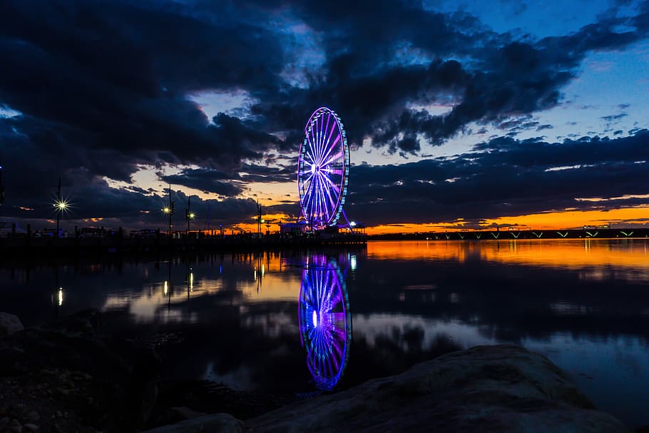 occhio di Londra, Parigi, Francia, Ferris, ruota, corpo, acqua, luci, tramonto, notte, buio, fiume, lago, porto, ruota panoramica, Stupefacente, drammatico, nube, dc, cielo, nuvola - cielo, giro del parco dei divertimenti, riflessione, Parco divertimenti, illuminato, viola, cultura artistica e intrattenimento, natura, lunga esposizione, bellezza nella natura, movimento, nessuno, crepuscolo, all'aperto, 5K