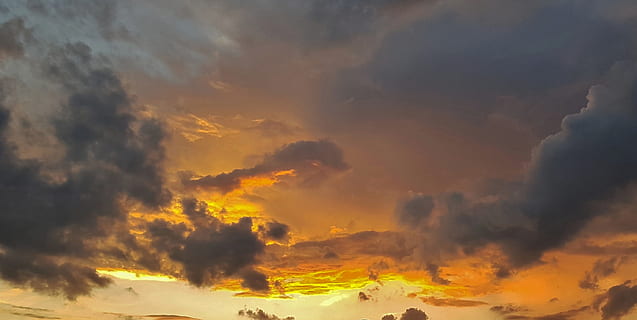 sunset, clouds, sky, evening, orange, yellow, golden, fiery, glow, glowing, dramatic, dramatic sky, reflections, colors, colorful, beautiful, cloud - sky, cloudscape, scenics - nature, environment, beauty in nature, nature, no people, storm, orange color, backgrounds, multi colored, vibrant color, tranquility, storm cloud, outdoors, abstract, meteorology, power in nature, ominous, 2K, CC0, public domain, royalty free