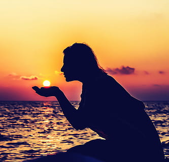 backlit, beach, clouds, dawn, dusk, girl, nature, ocean, outdoors, person, sea, seascape, silhouette, sky, sun, sunrise, sunset, water, woman, orange color, land, beauty in nature, scenics - nature, horizon, real people, horizon over water, one person, lifestyles, leisure activity, side view, 2K, CC0, public domain, royalty free