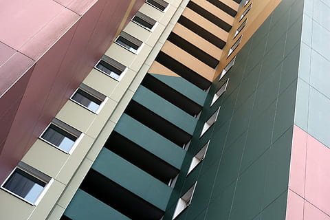 low-angle photo, high-rise, building, architecture, square, corner, window, built structure, building exterior, modern, low angle view, pattern, no people, city, office, wall - building feature, business, outdoors, design, glass - material, sparse, day, flooring, office building exterior, apartment, 5K, CC0, public domain, royalty free