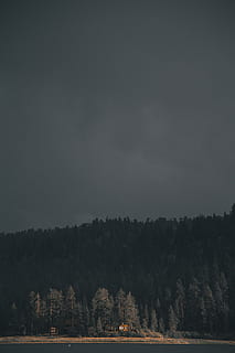forest, body, water, house, middle, forestr, sky, cloud, dark, mountain, tree, woodland, lake, cabin, hut, shack, rain storm, rain, fall, wallpaper, plant, no people, nature, tranquility, scenics - nature, beauty in nature, copy space, tranquil scene, environment, land, outdoors, cloud - sky, night, non-urban scene, 5K, CC0, public domain, royalty free