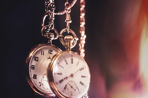 two, silver-colored pocket watches, clock, time, color, indoors, focus on foreground, no people, close-up, studio shot, watch, alarm clock, single object, pocket watch, accuracy, clock face, antique, night, metal, home interior, instrument of time, clock hand, minute hand, black background, luxury, silver colored, checking the time, 5K, CC0, public domain, royalty free