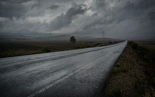 gray, asphalt road, green, grass fielsd, photography, road, daytime, clouds, cloudy, dark, lines, cloud - sky, sky, direction, transportation, landscape, the way forward, environment, nature, storm, beauty in nature, country road, storm cloud, no people, scenics - nature, country, empty road, overcast, tranquil scene, diminishing perspective, outdoors, rain, 2K, CC0, public domain, royalty free