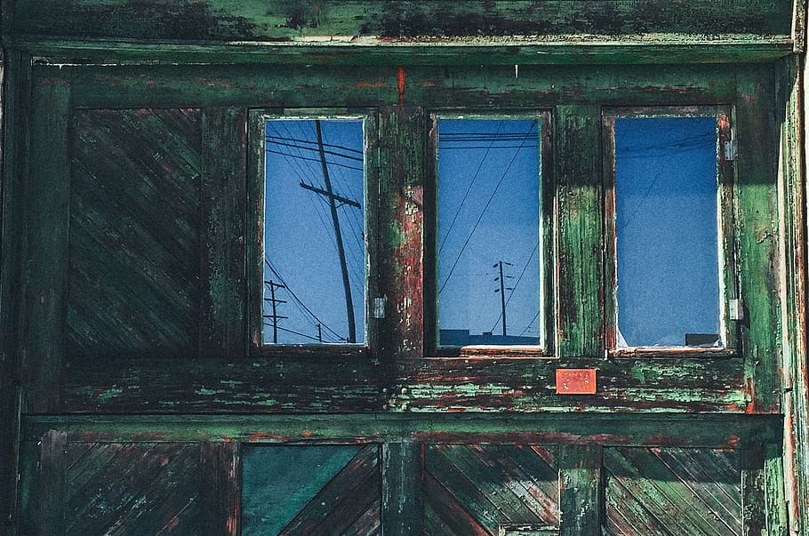 green wooden window, photo, green, wooden, cabinet, mirror, wood, door, window, reflection, decay, old, no people, day, blue, architecture, building exterior, outdoors, built structure, wood - material, building, glass - material, house, closed, abandoned, security, nature, damaged, protection, window frame, glass, 1080P