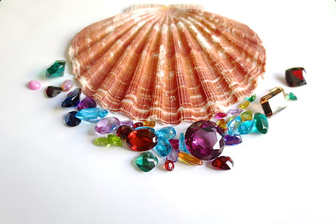 pierres précieuses, palourde, coquille, rubis, émeraude, saphir, luxe, précieux, topaze, brillant, facette, grenat, gemme, cadeau, bijou, briller, coquillage, bijoux, Naturel, scintillait, exotique, charme, mollusque, la nature, plage, Trésor, Couleur, été, macro, arc en ciel, vif, fête, vacances, vibrant, coloré, Orange, jaune, bleu, rose, vert, accessoire personnel, Collier, perle, bijoux de perles, mode, fermer, décoration, personne, fond blanc, multi couleur, richesse, prise de vue en studio, Une pierre précieuse, coupé, à l'intérieur, nature morte, rouge, vue grand angle, gemme semi-précieuse, violet, 4K, CC0, domaine public, libre de droits