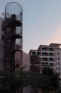 sunny, beach, Hotel, Sunny Beach, Bulgaria, architecture, design, stairs, building, built Structure, urban Scene, building Exterior, business finance and industry, no people, outdoors, sky, nature, low angle view, city, window, residential district, plant, tree, day, staircase, dusk, sunset, modern, fire escape, apartment, 4K
