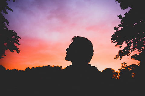 siluetă, om, apus de soare, fotografie silueta, permanent, copaci, cer, set de soare, natură, ilustrare, cu iluminare din spate, în aer liber, oameni, o persoana, doar o femeie, lovitură de cap, culoare portocalie, nor - cer, frumusețe în natură, plantă, copac, portret, liniște, religie, scenice - natura, o scenă liniștită, Activitatea de agrement, stiluri de viață, 4K, CC0, domeniu public, fără drepturi de autor