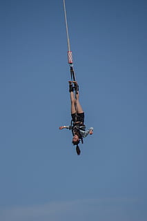 woman, hang, bungee rope, jump, air, bungy, sky, adventure, mid-air, sport, leisure activity, real people, extreme sports, risk, full length, clear sky, one person, nature, motion, lifestyles, vitality, men, day, low angle view, skill, outdoors, freedom, safety harness, 5K, CC0, public domain, royalty free