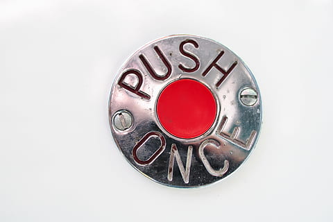 silver-colored button, button, alert, push, once, stop, bus, signal, message, binary, metal, shape, circle, geometric shape, no people, single object, close-up, old, directly above, text, high angle view, rusty, studio shot, indoors, silver colored, communication, white background, red, aluminum, 4K, CC0, public domain, royalty free