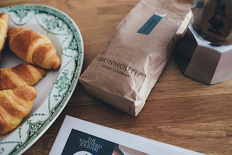 bread, dough, food, pastry, plate, table, breakfast, wood - Material, food and drink, indoors, still life, high angle view, close-up, no people, freshness, text, paper, french food, croissant, communication, wellbeing, meal, baked, message, 2K, CC0, public domain, royalty free