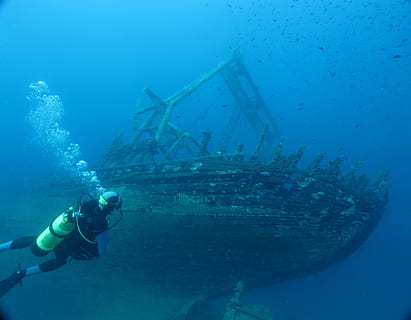 man, diving, underwater, brown, wooden, ship, croatia, mediterranean, wreck, divers, sea, scuba Diving, underwater Diving, blue, water, undersea, aquatic sport, sport, adventure, exploration, swimming, nature, shipwreck, diving equipment, real people, one person, men, leisure activity, crash, 2K, CC0, public domain, royalty free