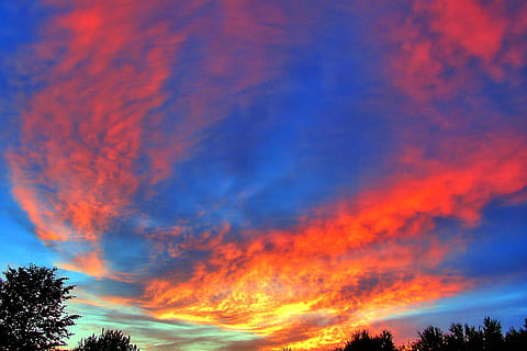 Himmel, Wolkendecke, Wolken bilden sich, Sonnenuntergang, Dämmerung, HDR-Bild, Natur, wolke - himmel, draußen, Blau, rot, Schönheit in der Natur, Szenen - Natur, Flachwinkelansicht, Baum, Ruhe, ruhige Szene, orange Farbe, Dramatischer Himmel, Pflanze, keine Leute, Silhouette, Wolkengebilde, mehrfarbig, Wipfel, romantischer Himmel, 4K, CC0, gemeinfrei, lizenzfrei
