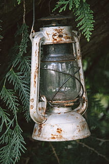 vecchia lampada, vecchio, lampada, oggetti, vecchio stile, nessuno, avvicinamento, sospeso, giorno, colore verde, albero, metallo, pianta, concentrarsi sulle conoscenze acquisite, arrugginito, natura, attrezzatura per l'illuminazione, all'aperto, singolo oggetto, albero di Natale, danneggiato, obsoleto, 4K, CC0, dominio pubblico, privo di copyright