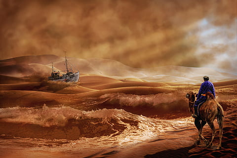 man, riding, camel, facing, body, water, ship, desert, waves, nomad, breakwater, wordplay, composing, fantasy, surreal, ship of the desert, komponieren, fotomontage, compos, land, domestic animals, mammal, people, nature, travel, men, landscape, adult, transportation, activity, animal wildlife, ride, sky, travel destinations, one animal, environment, outdoors, dust, 4K, CC0, public domain, royalty free
