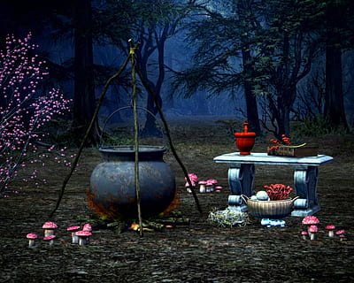 chaudron de sorcière, les bois, sorcière, chaudron, Ingrédients, dans les bois, art, dessin, forêt, Photos, illustration, domaine public, la nature, en plein air, l'automne, arbre, nuit, tronc d'arbre, personne, illuminé, branche, plante, récipient, terre, journée, croissance, fleur, pendaison, plante à fleurs, lanterne, matériel d'éclairage, champ, tronc, table, décoration, herbe, 2K, CC0, domaine public, libre de droits
