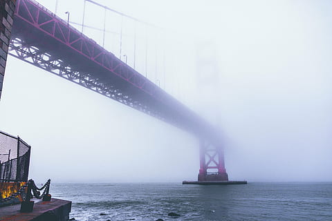 red, metal bridge, foggy, weather, black, link, bridge, middle, fog, Golden Gate Bridge, architecture, water, built structure, outdoors, sea, day, no people, nautical vessel, building exterior, nature, industry, copy space, environment, transportation, environmental issues, crane - construction machinery, business, sky, pollution, air pollution, smog, 5K