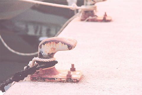 white, boat dock hooks, two, brown, steel, bracket, knotted, rope, dock, harbor, harbour, marina, ropes, rust, cleats, no people, outdoors, day, water, close-up, rusty, metal, focus on foreground, transportation, cleat, mode of transportation, nautical vessel, nature, connection, chain, old, strength, sea, moored, 1080P, CC0, public domain, royalty free