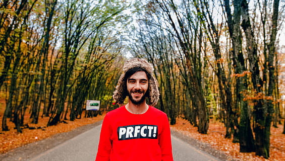 man, person, autumn, fall, avenue, guy, happy, perfect, portrait, smile, tree, smiling, young adult, happiness, one person, plant, front view, nature, young men, day, looking at camera, real people, standing, lifestyles, adult, casual clothing, sport, road, outdoors, 5K, CC0, public domain, royalty free