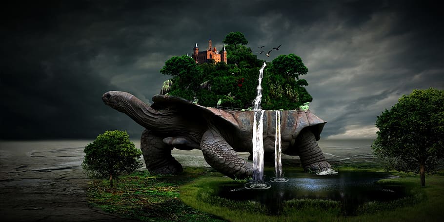 tortuga, illa, esquena, il·lustració, oasis, desert, cascada, cascades, llac, escultura, naturalesa, art i artesania, planta, aigua, núvol - cel, cel, estàtua, arbre, representació, cap gent, creativitat, a l'aire lliure, representació humana, fauna animal, compost digital, 2K