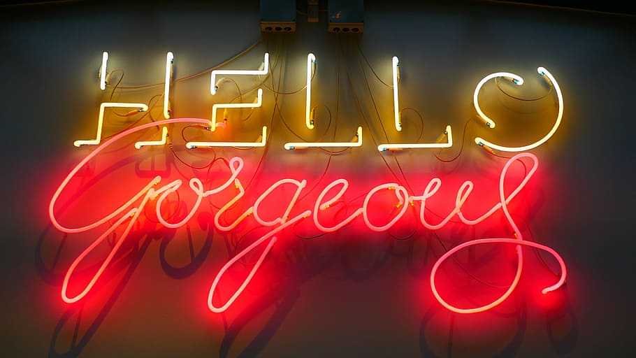 gul, rød, Hej, smukke, neonlysskiltning, neon skiltning, tekst, neon, type, belyst, meddelelse, nat, belysningsudstyr, natteliv, skilt, by, ingen mennesker, forretning, reklame, bevægelse, enkelt ord, natklub, lys - naturligt fænomen, glødende, butik, begivenhed, ortografisk symbol, elektrisk lampe, 4K