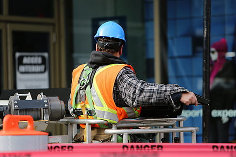 man, wearing, black, white, plaid, long-sleeved, shirt, blue, hard, hat, construction worker, work, worker, industry, building site, engineer, architecture, helmet, male, builder, hardhat, occupation, construction, zone, danger, tape, vest, hard hat, signs, headwear, working, safety, reflective clothing, one person, protection, men, construction industry, protective workwear, security, clothing, waist up, adult, 5K