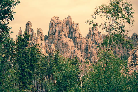 marró, muntanya, frontal, arbres, fotografia de paisatge, formació de roca, arbre, rock, pic, penya-segat, agulla, turó, naturalesa, paisatge, verd, cel marró, terra, irregulars, alt, planta, bellesa a la natura, cel, escenics - natura, medi ambient, escena tranquil·la, tranquil·litat, rock - object, sòlid, cap gent, viatjar, escena no urbana, destinacions de viatge, a l'aire lliure, pi, arbre de coníferes, bosc de pi, 5K, CC0, domini públic, lliure de regalies