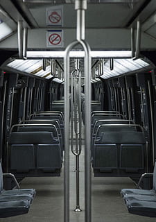 gray, black, train, interior, set, view, empty, steel, cold, tube, public transportation, transportation, mode of transportation, rail transportation, vehicle interior, seat, vehicle seat, train - vehicle, in a row, travel, metal, no people, indoors, journey, land vehicle, passenger train, absence, train interior, subway train, 8K, CC0, public domain, royalty free