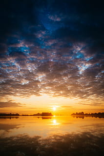 clouds, cloudy, dusk, lake, nature, outdoors, overcast, reflection, scenic, sky, sunrise, sunset, water, scenics - nature, cloud - sky, tranquility, tranquil scene, beauty in nature, orange color, idyllic, no people, dramatic sky, non-urban scene, sunlight, sun, 4K, CC0, public domain, royalty free